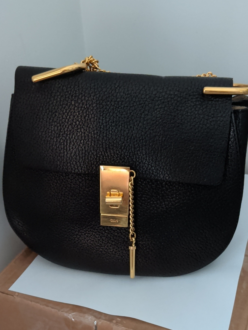 Chloe Drew Black Pebbled Leather Crossbody Bag with Gold Hardware